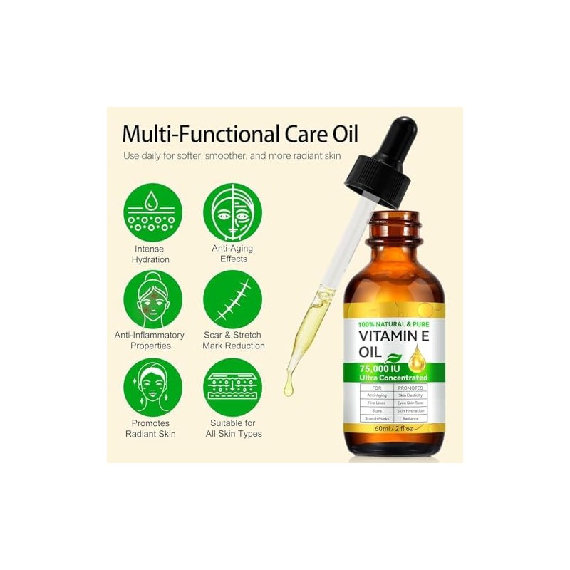 Aceite de Vitamina E para Masaje Corporal, 75000 UI, Orgánico,