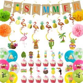 Summer Hawaiian Party Banner Decorations - Colorful Latex Balloons Decoration Set with Cupcake Topper, Tropical Hanging Swirls and Paper Pompoms for Beach Party Supplies