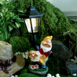 Solar Powered Gnome Couple Garden Lantern Vintage Street Light Colorful Resin Dwarf Statue Hand-painted MODEL Red Yellow BlueColor: As picture, Size: One Size