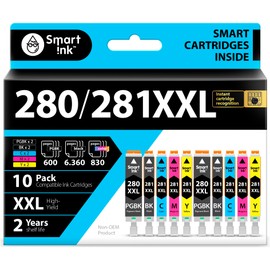 Smart Ink Compatible Ink Cartridge Replacement for Canon 280 281 PGI-280XXL CLI-281XXL (10 Combo Pack) to use with Pixma TR8520 TS9120 TS6120 TR8620 TR8620a TS6320 TR7520 TS6220 (PGBK & BK/C/M/Y)