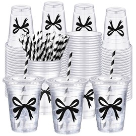 Sliner 50 Pcs 16 oz Coquette Black Bow Disposable Plastic Cups with Straw for Party Supplies Black Bow Cup Birthday Wedding Bridal Engagement Drinkware Party Decor