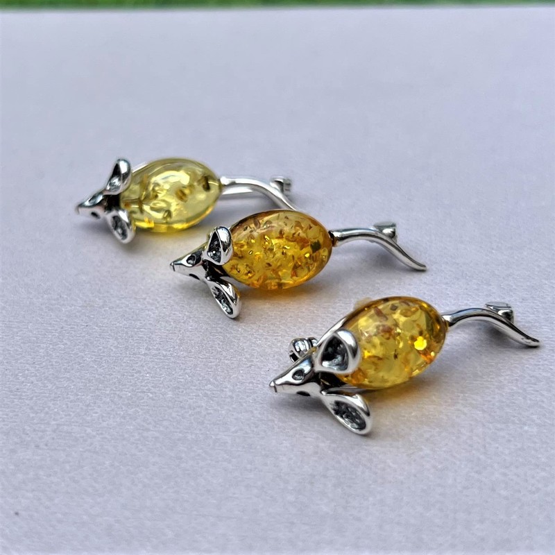 Baltic Amber Sterling Silver Mouse Brooch Pin 4107, Sterling Silver,