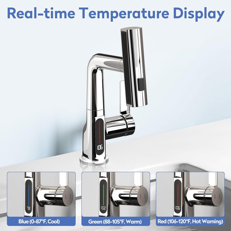 SINGSUO Bathroom Sink Faucet 1 Hole with Temperature Display, Single