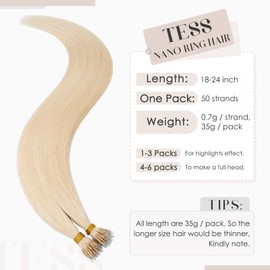 TESS Nano Hair Extensions Real Human Hair Nano Ring Beads Tip Included #60 Platinum Blonde - Cold Fusion 50 Strands 35g - 18 Inch