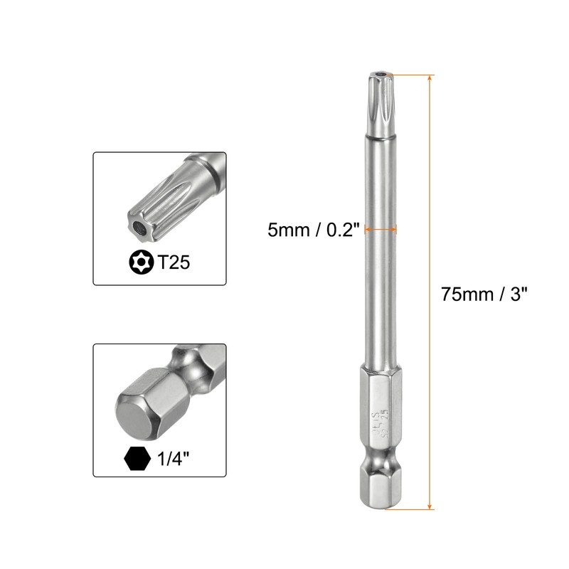 sourcing map T25 Security Torx Bit 1/4" Hex Shank 3"