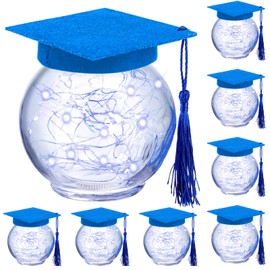 WILLBOND 8 Pack Graduation Jar Table Centerpieces Decoration for Class of 2025 Mason Jar Lamp Kit Include Fairy Lights, Mason Jar, Felt Hat for College Masters Degree Graduation Gifts(Blue)