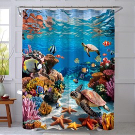 COSEVIER Sea Turtle Shower Curtain Ocean Beach Coastal Seaworld Marine Life Bathroom Curtain Set with Hooks Home Decoration 72x72 Inch Fabric Waterproof