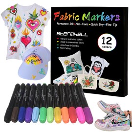 Sternhell 12 Colours Textile Paint Textile Markers Machine Washable Textile Pens Washable Fabric Colouring Pens Fabric Paint for T-shirt, Fabric Bag, Canvas Shoes, Shopping Bag, Light Fabric