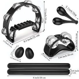 8 Pcs Tambourines for Adults, Hand Held Half Moon Tambourine Foot with Bells Wood Rhythm Sticks Egg Shakers Musical Hand Percussion Instrument Set for Church KTV School Party Music Supplies