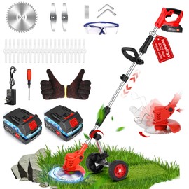 Cordless Weed Wacker with Wheel, Electric Weed Eater Battery Powered W/Blade, 3 in 1 Weed Trimmer Edger Weed Brush Cutter Mower, No String Grass Trimmer Wheel Yard Garden Tool