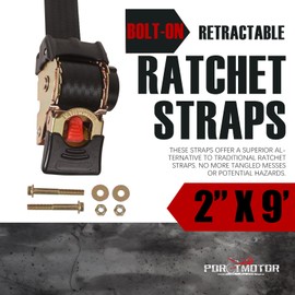 Porotmotor 2 Pack Bolt-On Retractable Ratchet Straps (2" x9'), 3000LBS Break Strength Ratchet Tie Down Straps Heavy Duty Auto Retracting Ratchet Straps for Motorcycle, Trailers, Boats, ATVs, UTVs