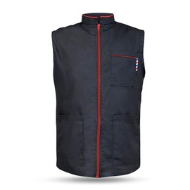 Professional Barber New Shirt Jacket Men's Black Sleeveless and Features 2 Pockets for Barber Tools And One Way Zipper (XXL, Black-Red) (SB-SL)