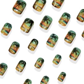 24PCS Coconut Tree Press on Nails Medium Coffin Fake Nails with the Setting Sun Design Retro Glue on Nails Beach False Nails Glossy Reusable Summer Nails for Women Girls Manicure