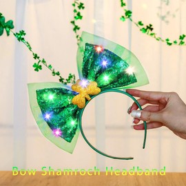 Fdesigner Green Bow Headband St Patrick Headbands Light Up Shamrock Headpiece Irish Hair Bows Glitter Bowknot Women Hair Accessories