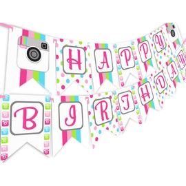 Pop, banderines de fiesta de cumpleaños con texto en inglés "Instagram Banner", diseño de arcoíris