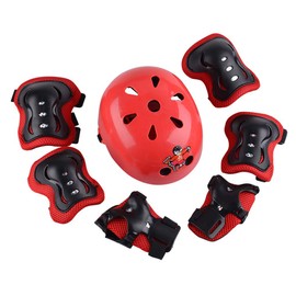1Set(Black+Red) 7 in 1 Sports Skateboard Protection Sets Cycling Roller Skating Helmet/Elbow Pads/Knee Pads/Wrist Pads Safety Protective Guard Gear for Kids Children(M for 8-12 years old)