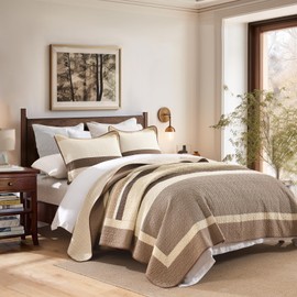 QuiltMuse Quilt Queen Size - Brown Beige Striped Quilt Set with Matching Shams, 3 Pieces 100% Cotton Farmhouse Queen Quilt Bedding Set, Lightweight Bedspread Coverlet Home Decor for All Season