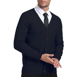 PCEAIIH Men's Cardigan Sweater Knit Jumper Buttons V Neck Shawl Collar with Pockets Classic Long Sleeve Soft Lightweight Navy