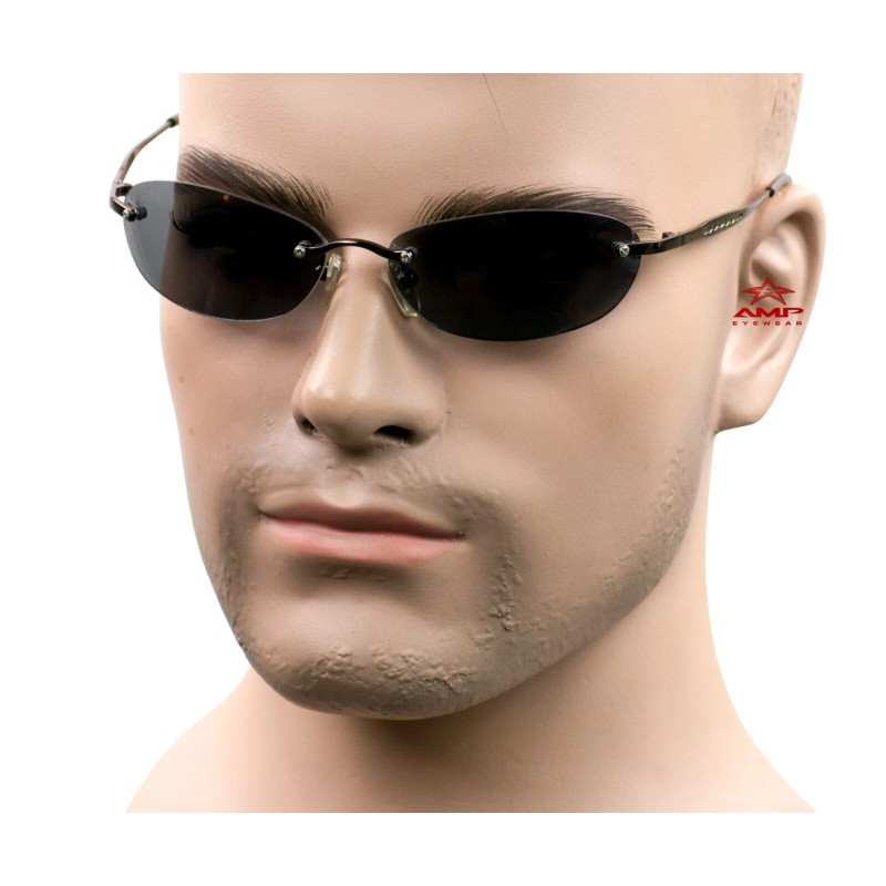 AMP Small Rimless Oval Neo Matrix Style Sunglasses Metal Super