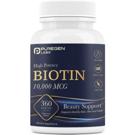 Puregen Labs Biotin 10,000 MCG Supports Healthy Hair, Skin & Nails 360 Veg Tabs