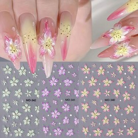 Flower Nail Art Stickers 5D Embossed Flower Nail Decals 3PCS Colorful Elegant Lily Floral Nail Designs Self-Adhesive Flower Stickers for Nails Summer Nail Art Decorations Supplies for Women and Girls