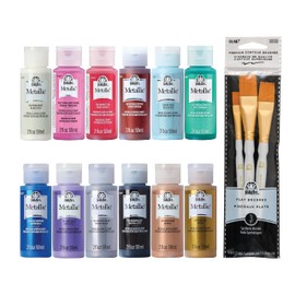 FolkArt Jewel Tone Acrylic Craft Paint Kit, 15 Piece Set Including 12 Metallic Colors and 3 Premium Paintbrushes, PROMOFAMET15