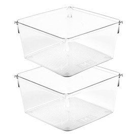 Amtido Drawer Organiser Tray Set - Clear Plastic Containers for Kitchen Utensils, Cosmetics, Food, and Stationery - Use in Drawers, Cupboards, Fridge, and Countertops (2 Pack - 15.2 x 15.5 x 8.3)