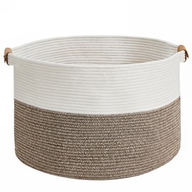 VECELO Woven Storage Basket, 22" X 22" X 14" Inch Rope Basket for Organizing, Washable Woven Laundry Basket for Blankets for Toys Storage, Living Room, Bedroom, Nursery, Pillows, White & Brown