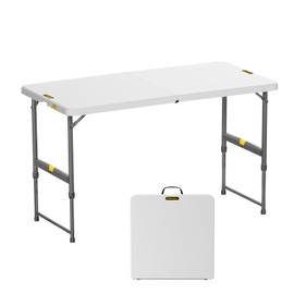 FanttikOutdoor 4ft Portable Folding Table, One-Handed Height Adjustment, 4 Heights, Gravity Lock, Carry Handle, Indoor Outdoor Heavy Duty Fold-in-Half Utility Table, Party, 1 Pack, White Zeta X4 Pro
