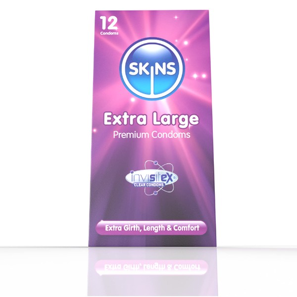 Skins Extra Large XL Condoms – Natural Latex Extra Large Condom; pre lubed for Comfort – 12 Pack