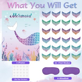 Pin The Tail on The Mermaid Party Game with 24 PCS Tails for Kids Girls Birthday 21'' x 28''
