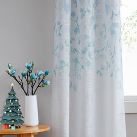 Central Park Leaf Floral Print Metallic Sheer Linen Window Curtain Panel for Rustic Living Room/Bedroom Sparkling Decorative 6 Grommets Top Drape Panels Farmhouse Curtains, Teal Blue,40" x 63"x2, 2 PK