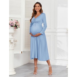 AISWI 2024 Maternity Tie Front Ruched Nursing Dress A Line Long Sleeve V Neck Swing Pregnancy Maxi Dresses, Light Blue, Medium