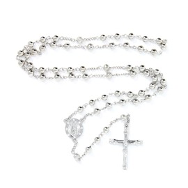 SM Stainless Steel Gold Silver Rosary 3mm-8mm CCB Beads Cross Y Necklace 20”-30” Chain for Women Men (6mm 20" (4) - Silver)