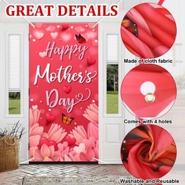 Happy Mother's Day Door Cover Pink Heart Flowers Mom Gifts for Indoor Decoration Photography Background Banner Yard Porch Sign for Spring Outside Front Door Banner Farmhouse Party Supplies 6 x 3 Feet