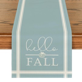 Artoid Mode Aqua Hello Fall Stripes Pumpkin Autumn Table Runner, Seasonal Fall Kitchen Dining Table Decoration for Home Party Decor 13x72 Inch