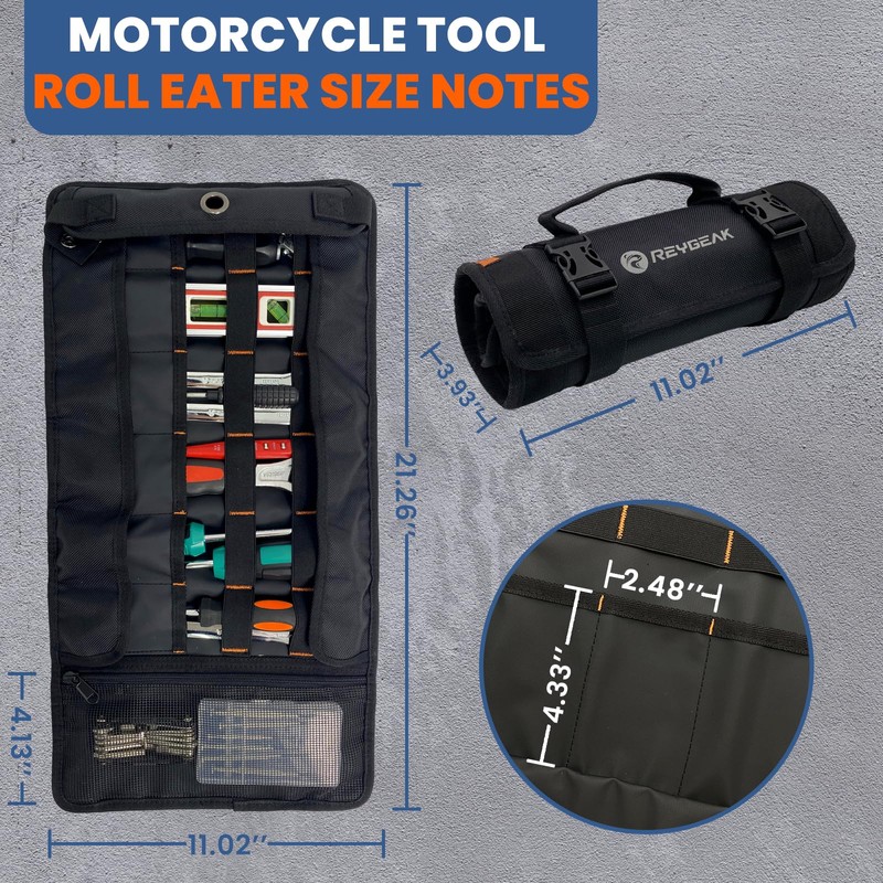 Tool Roll Organizer with Stand-up Baffle,1680D PVC Motorcycle Tool Roll