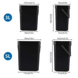 LOLYSIC Kitchen Organic Waste Container, Set of 2 (3L + 5L), Plastic Kitchen Compost Container with Lid Hanging, Suitable for Kitchen, Bathroom, Office, Bedroom (Black)