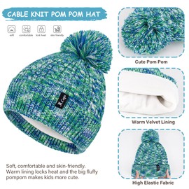 ZASFOU Children's Hat Loop Scarf Touchscreen Gloves Set 3-6-12 Years Thermal Winter Hat Tube Scarf Mittens Toddlers Knitted Pom Hats Gift for Girls Boys, green blue