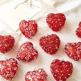 Red Valentine's Day Heart Ornaments 10Pcs Glitter Sequin Heart Shaped Baubles Decoration Valentines Pearl Foam Hanging Decor(2.36in)