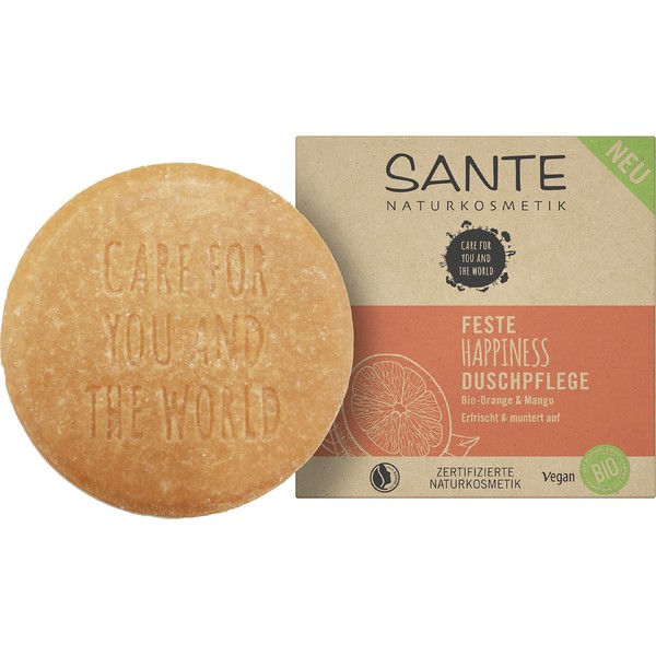 SANTE Naturkosmetik Solid Soap for Douching for Delicate Skin, Vegan Formula with Organic Orange and Mango, Solid Happiness Shower Care, 1 x 80 g