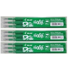 Frixion Pilots Pen Refills, Erasable 0.7mm Round Tip, Green Ink, Pack of 9
