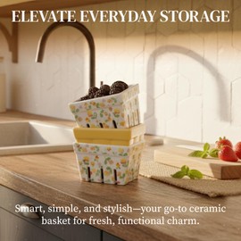 BIEN BEAU Ceramic Berry Basket, Farmhouse Colander, Farmers Market square Bowl. Rustic Kitchen decor fruit bowls, Fruit Baskets, Yellow, White and floral pattern Stoneware Harvest Bowls Set of 4