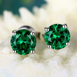 Hiqmic 925 Sterling Silver 4-Prong 2.5ct 5mm Round shaped Emerald Earrings Ear Stud Piercing White Gold Plated Fashion Jewelry Gift, WK94010