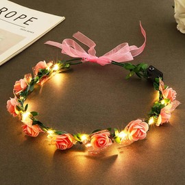 Vakkery Light Up Flower Crown Headband LED Flashing Hair Garland Headwear Glowing Floral Hair Accessories for Women Festival Birthday Party (Pink)