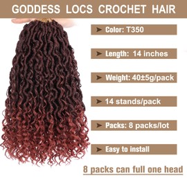 COOKOO Ombre Ginger Goddess Locs Crochet Hair 14 Inch 8 Packs Bohemian Faux Locs Crochet Hair for Kids Pre Looped River Locs Crochet Hair with Curly Ends Soft Crochet Goddess Locs Hair T350#