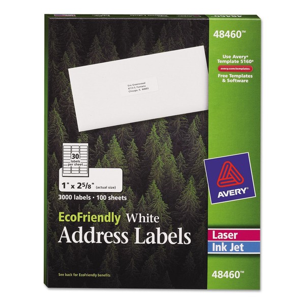 Avery 48460 EcoFriendly Laser/Inkjet Easy Peel Mailing Labels, 1 x