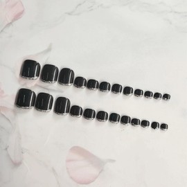 Black Fake Toenails Glitter French Tip Press on Toenails Glossy Short Square Fake Toe Nails Solid False Toe Nails with Designs Summer Acrylic Toe Nails Stick on Toenails for Women 24 Pcs