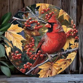 KanaAt 2D Round Aluminum Flat Sign, Autumn Cardinal Themed Sign Painted Realistic Art Decor For Home Door Office Cafe Bar Holiday Gifts 8x8 Inch