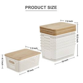 Bagnizer Plastic Storage Bins with Bamboo Lids Stackable Box Basket Pantry Decorative Containers Cute with Lable for Organizing Desktop Closet Office Cream White of 6 packs 10 * 7.2 * 4.1'’